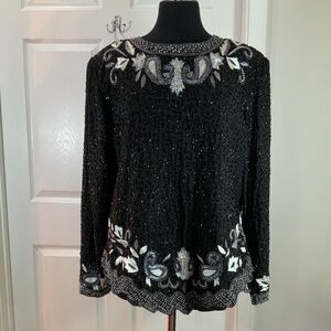 Drapers & Damons Beaded Sequin Silk Black Evening Holiday Top Size 1X